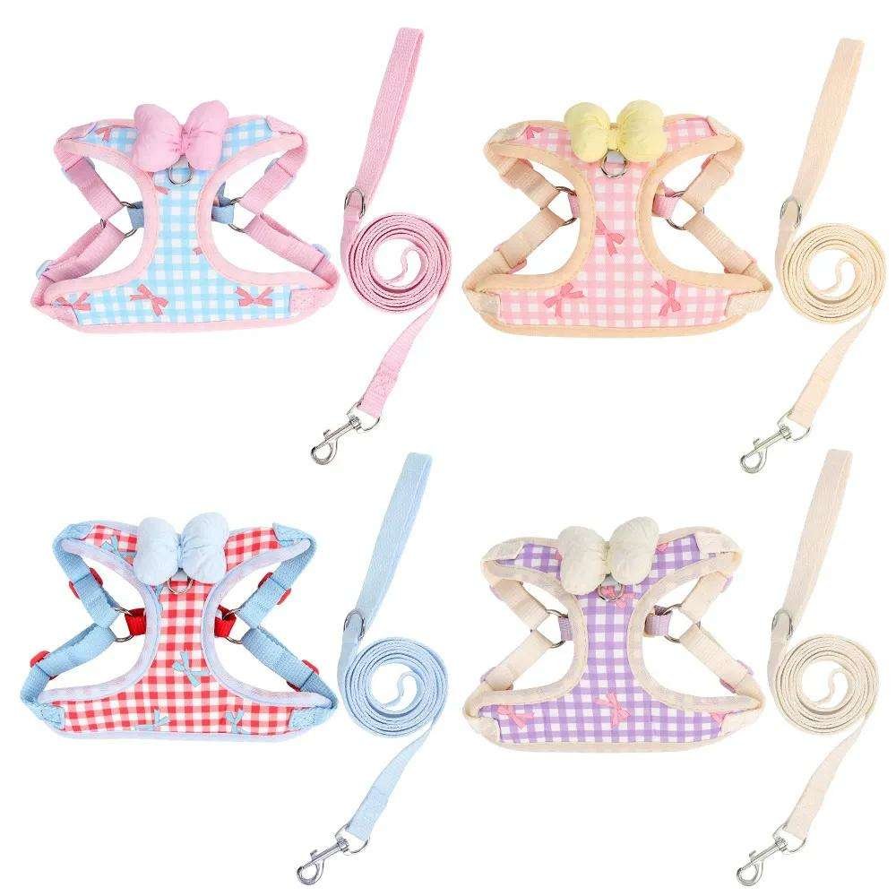 wholesale bowknot plaid dog harness set